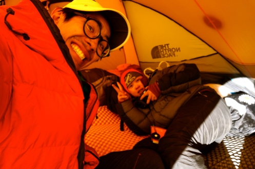 Samie and I inside the Northface Ve25 Tent