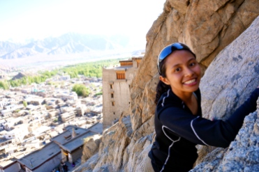 Nadya going up the walls behind Leh palace and me as a safety net for her.