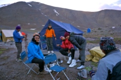 Trying on Crampons and and mountaineering equipment at Base Camp.